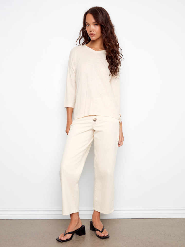 Foiled V-Neck 3/4 Sleeve Top