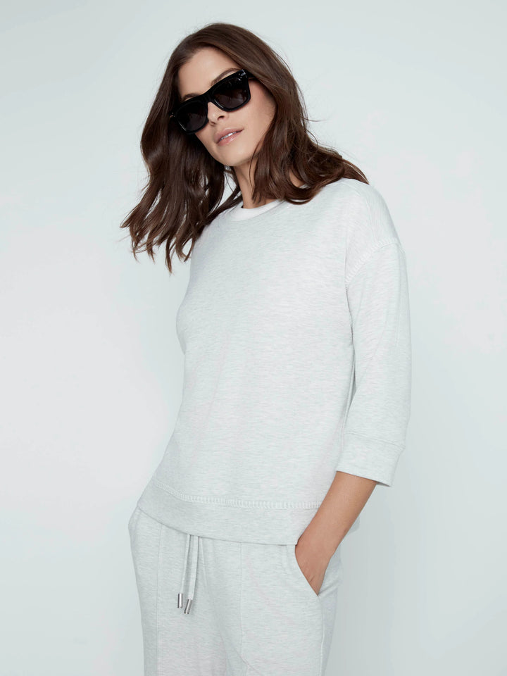 Soft Scuba 3/4 Sleeve Top With Blanket Stitch