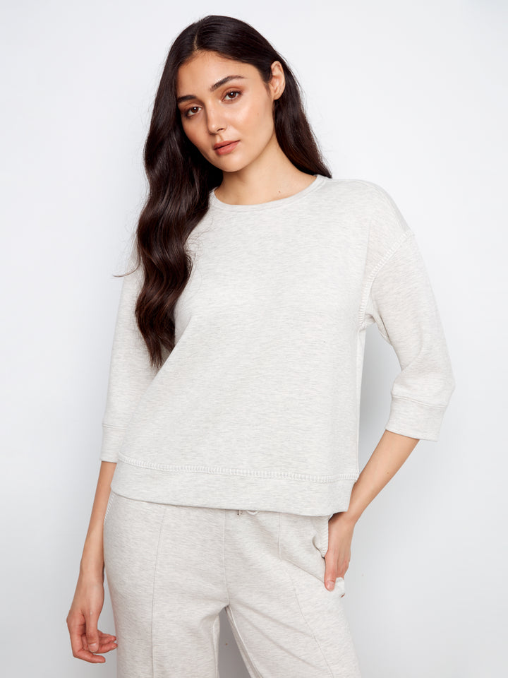 Soft Scuba 3/4 Sleeve Top With Blanket Stitch