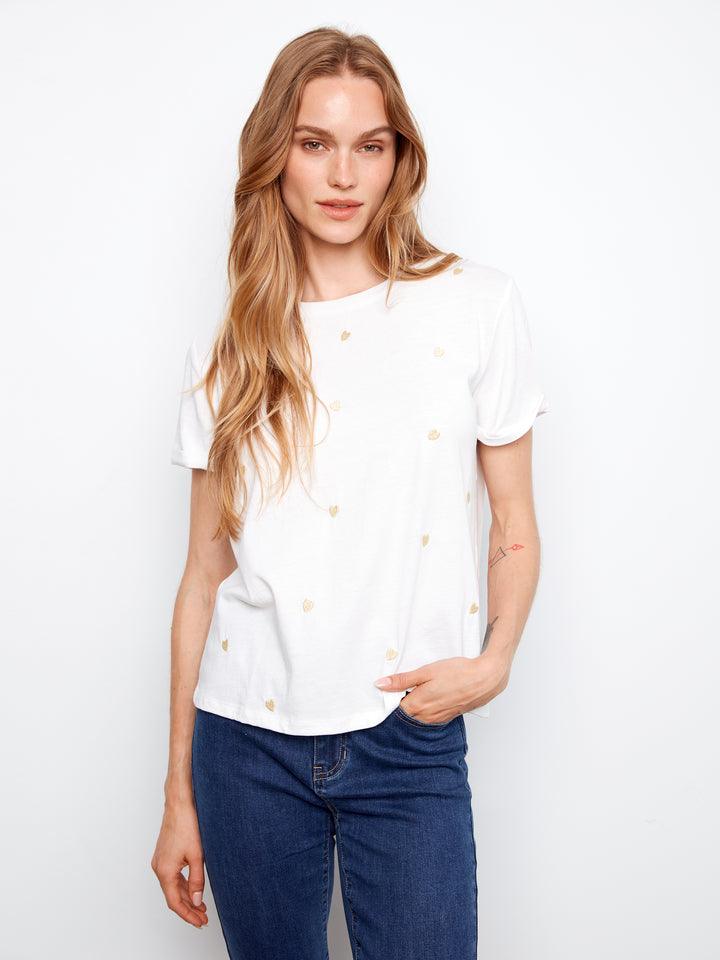 Embroidered Hearts Cotton Jersey T-Shirt