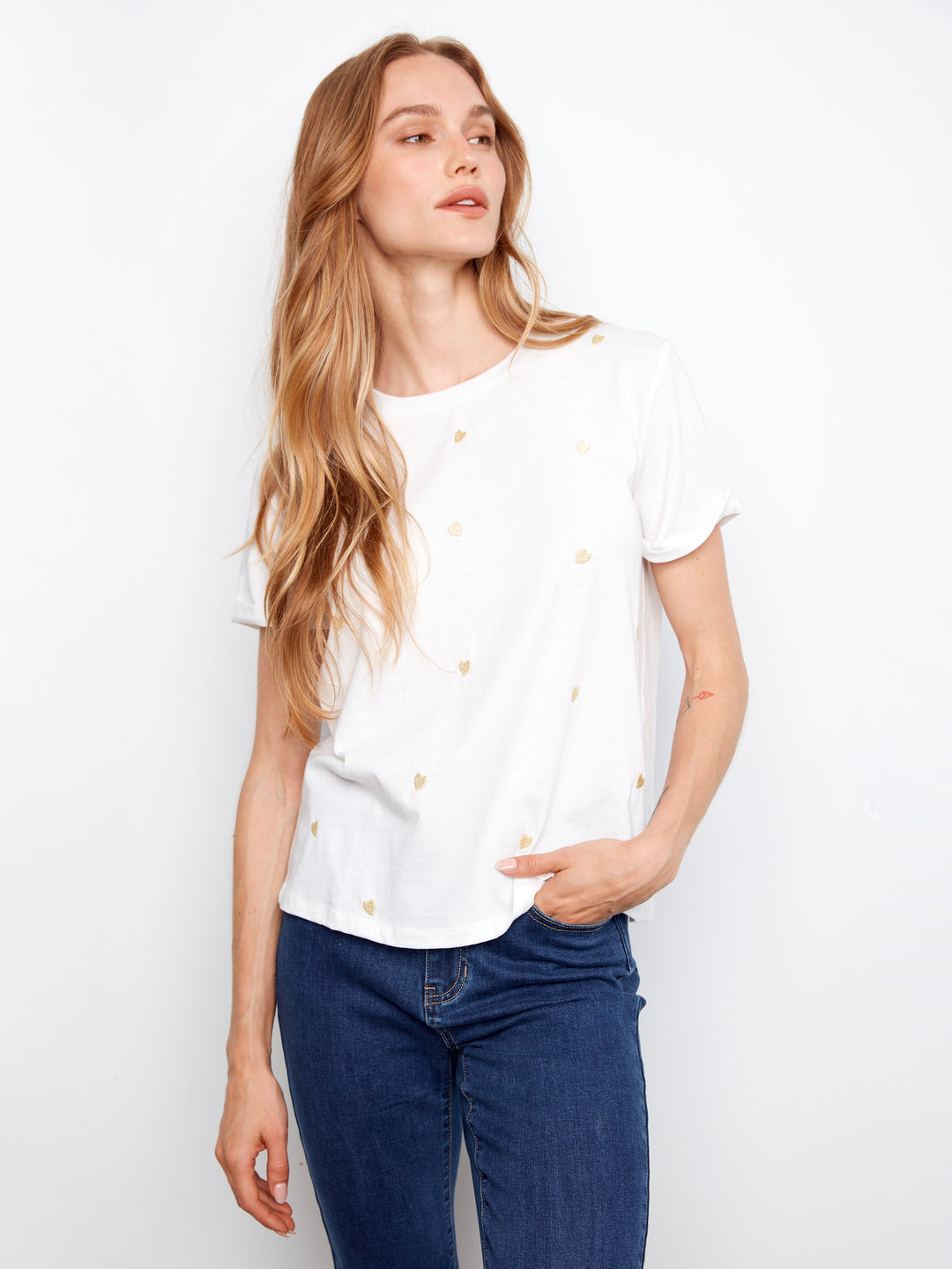 Embroidered Hearts Cotton Jersey T-Shirt