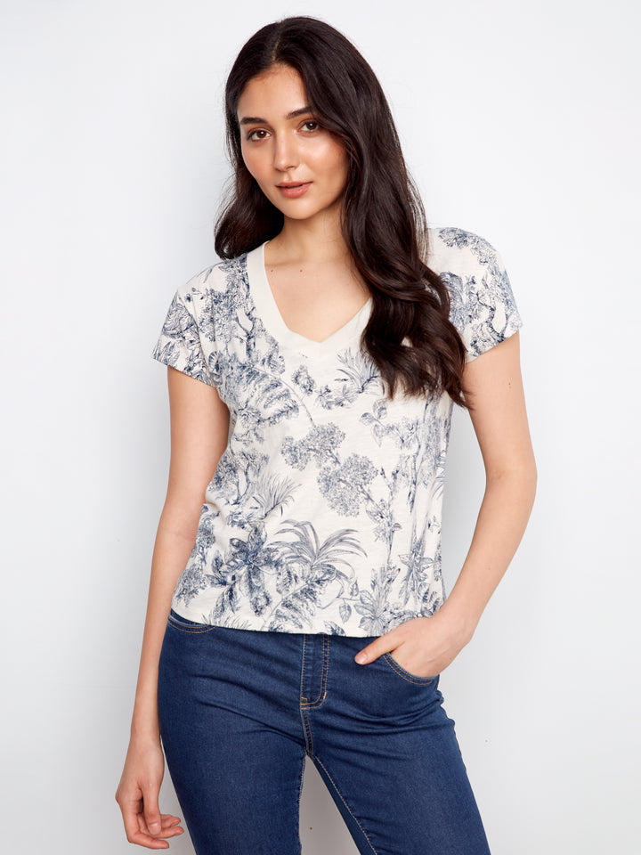 Printed Organic Cotton Drop Shoulder V-Neck T-Shirt