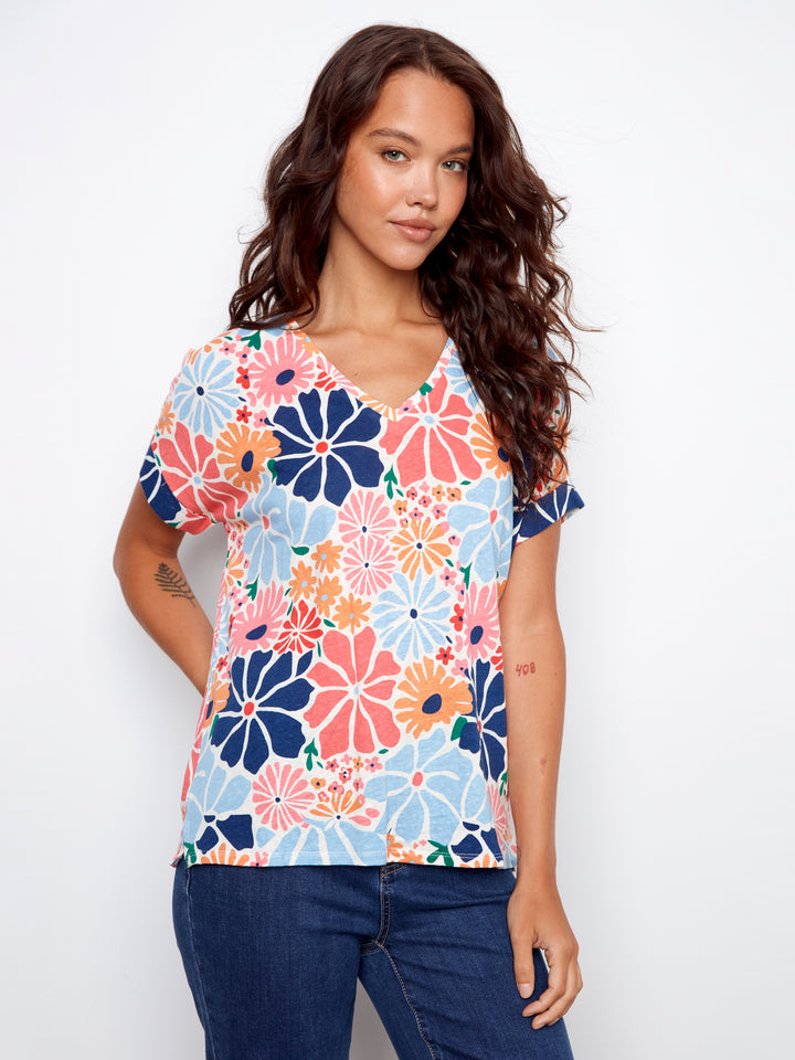 Printed Short Sleeve V-Neck T-Shirt