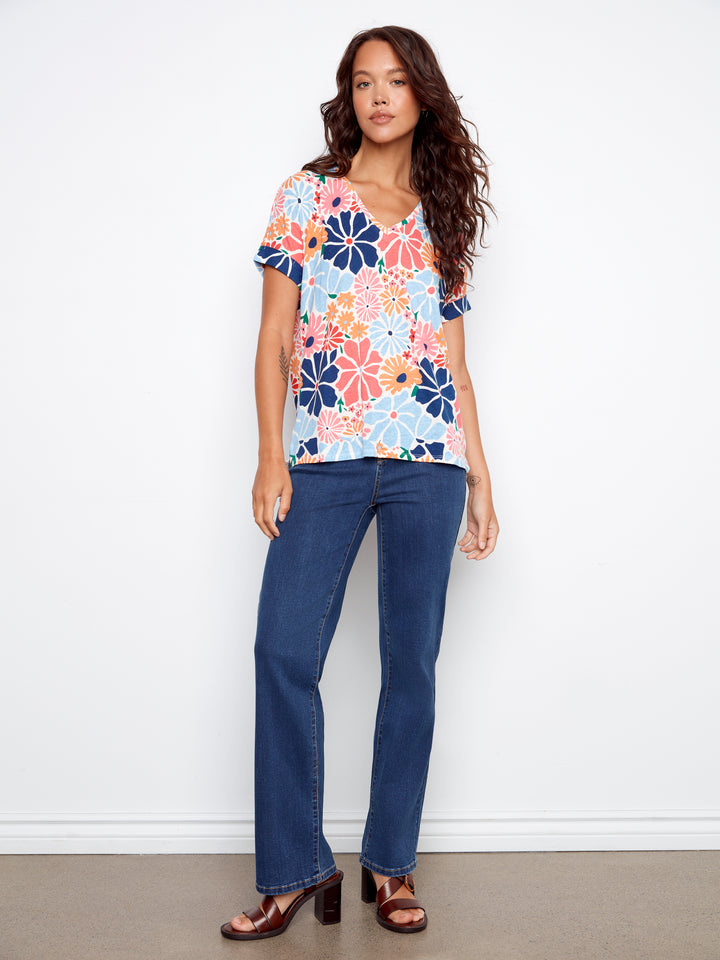 Printed Short Sleeve V-Neck T-Shirt