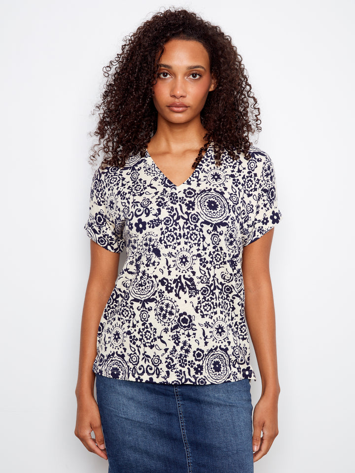 Printed Short Sleeve V-Neck T-Shirt
