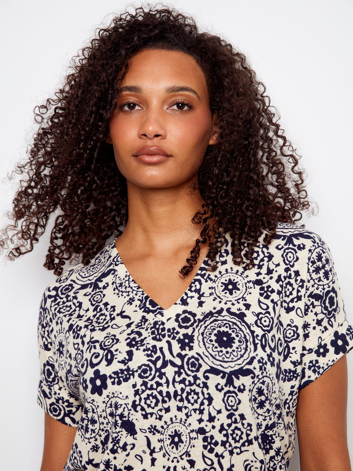 Printed Short Sleeve V-Neck T-Shirt