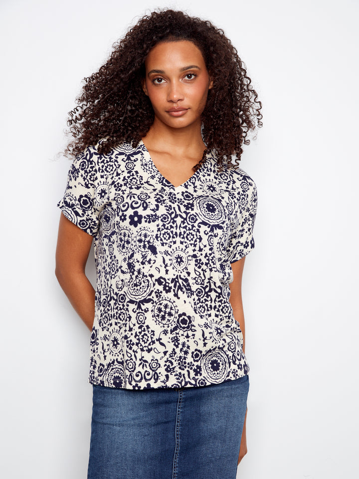 Printed Short Sleeve V-Neck T-Shirt