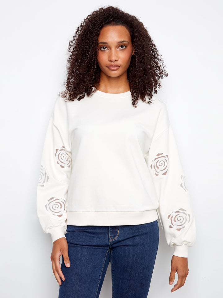 Long Sleeve French Terry Top With Sleeve Embroidery
