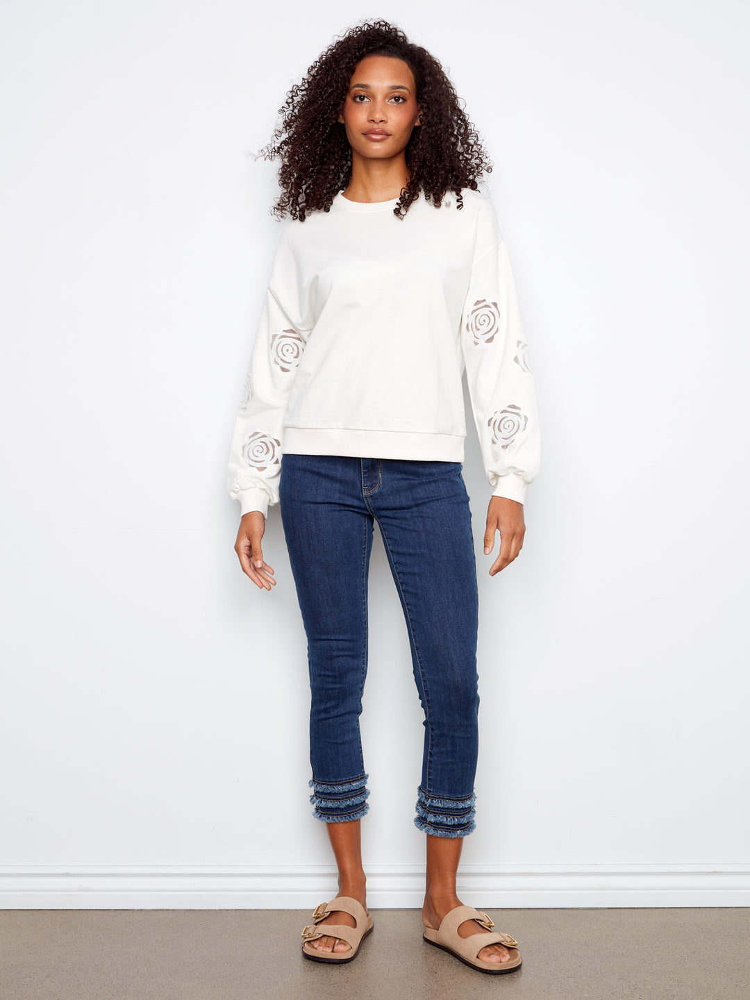 Long Sleeve French Terry Top With Sleeve Embroidery