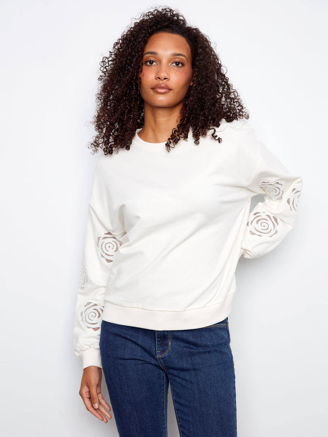 Long Sleeve French Terry Top With Sleeve Embroidery