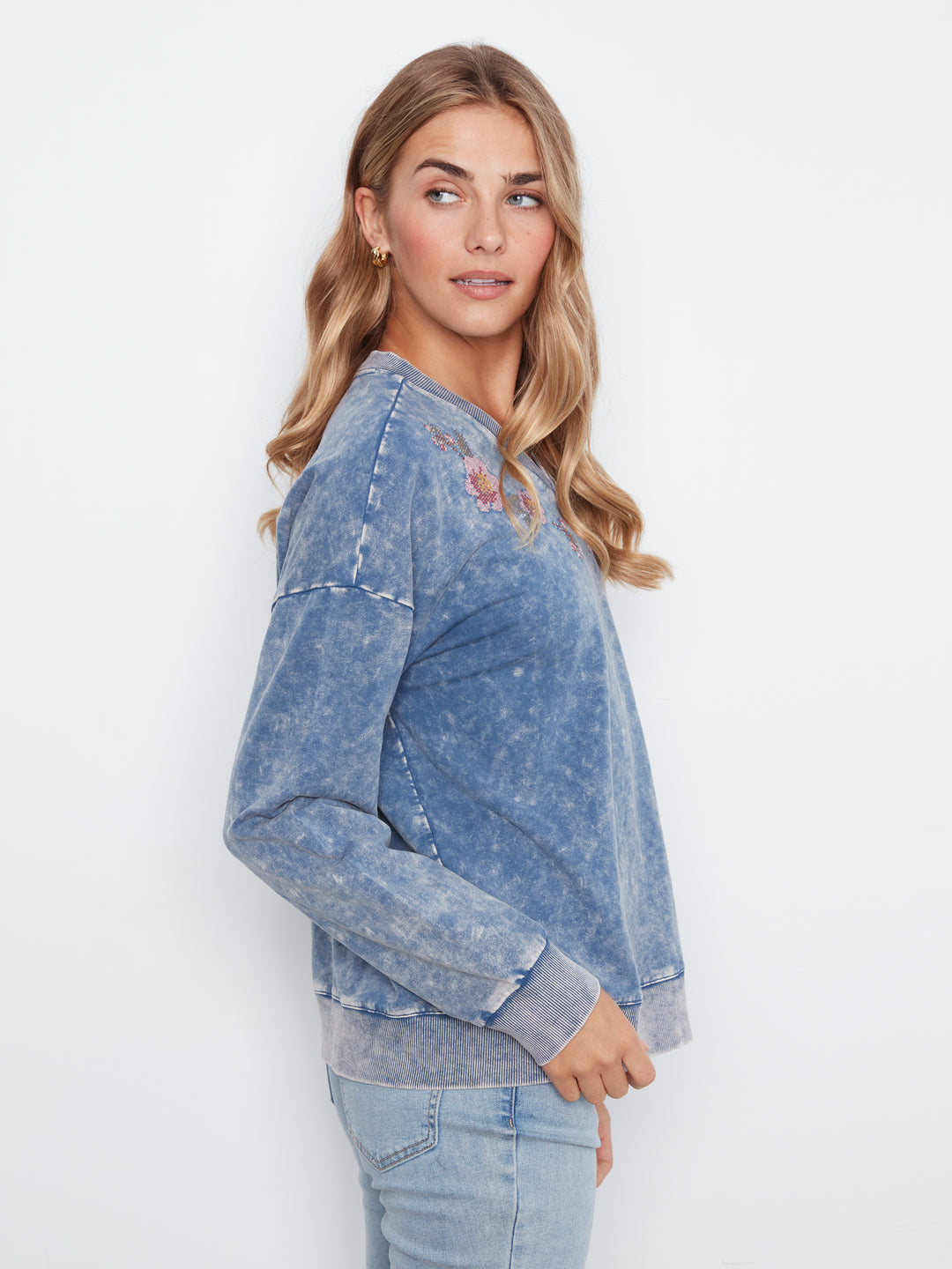 Long Sleeve Drop Shoulder V-Neck Top With Embroidery Detail