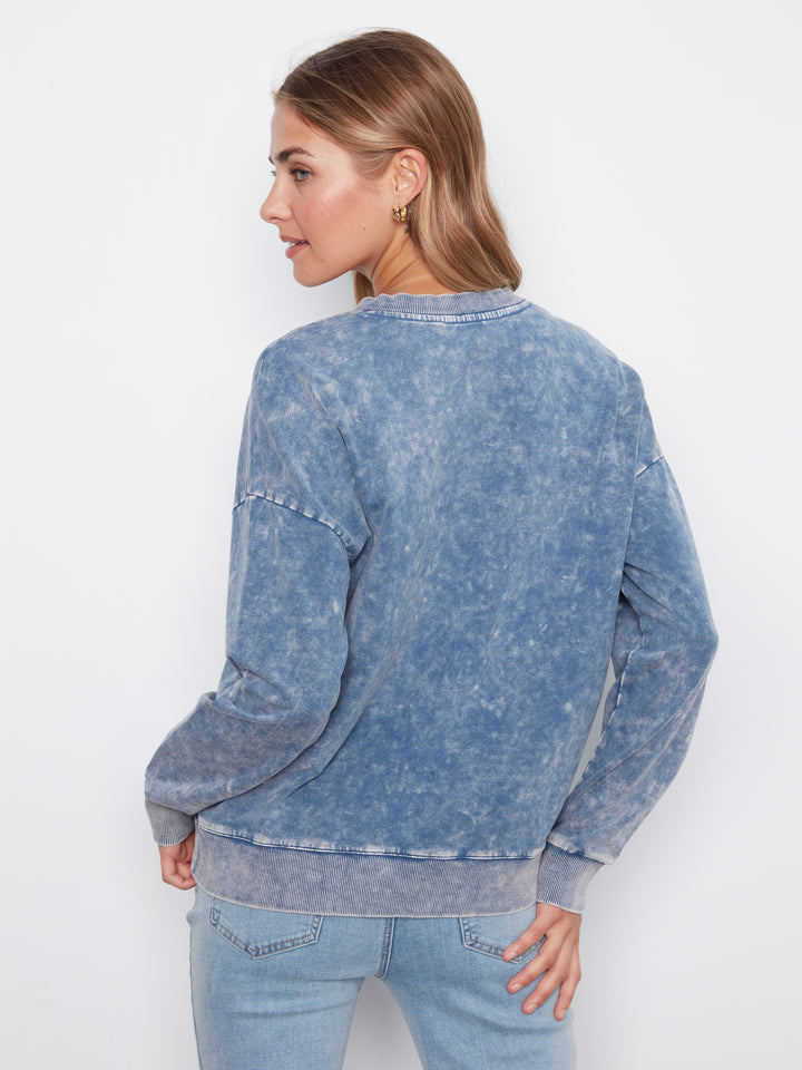 Long Sleeve Drop Shoulder V-Neck Top With Embroidery Detail