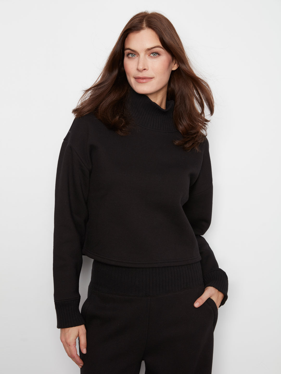 Long Sleeve Drop Shoulder Mock Neck Top With Rib Detail