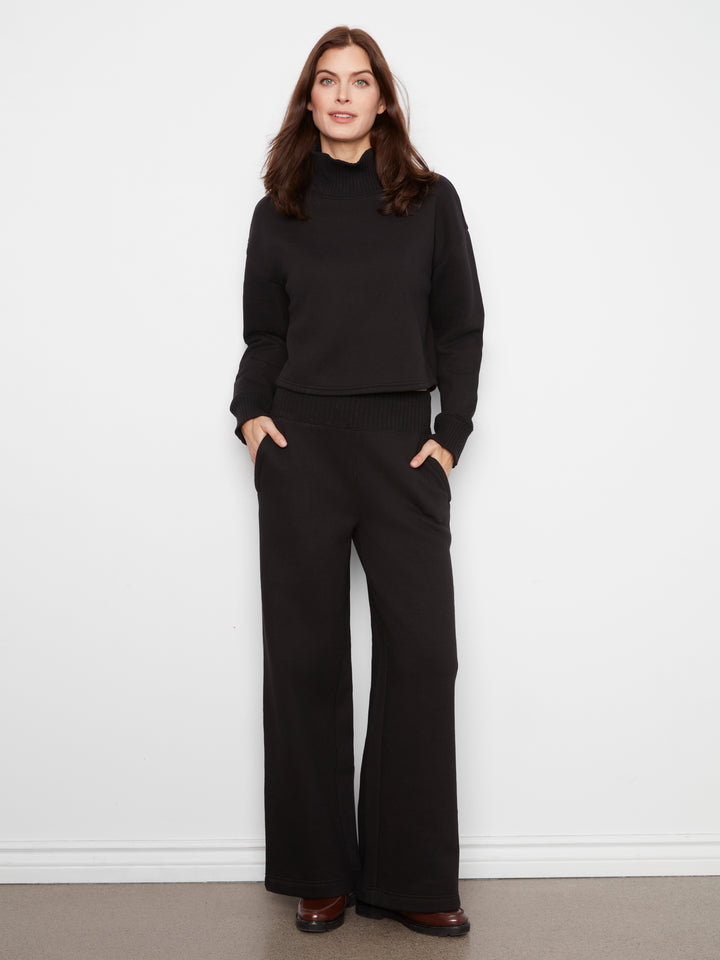 Long Sleeve Drop Shoulder Mock Neck Top With Rib Detail