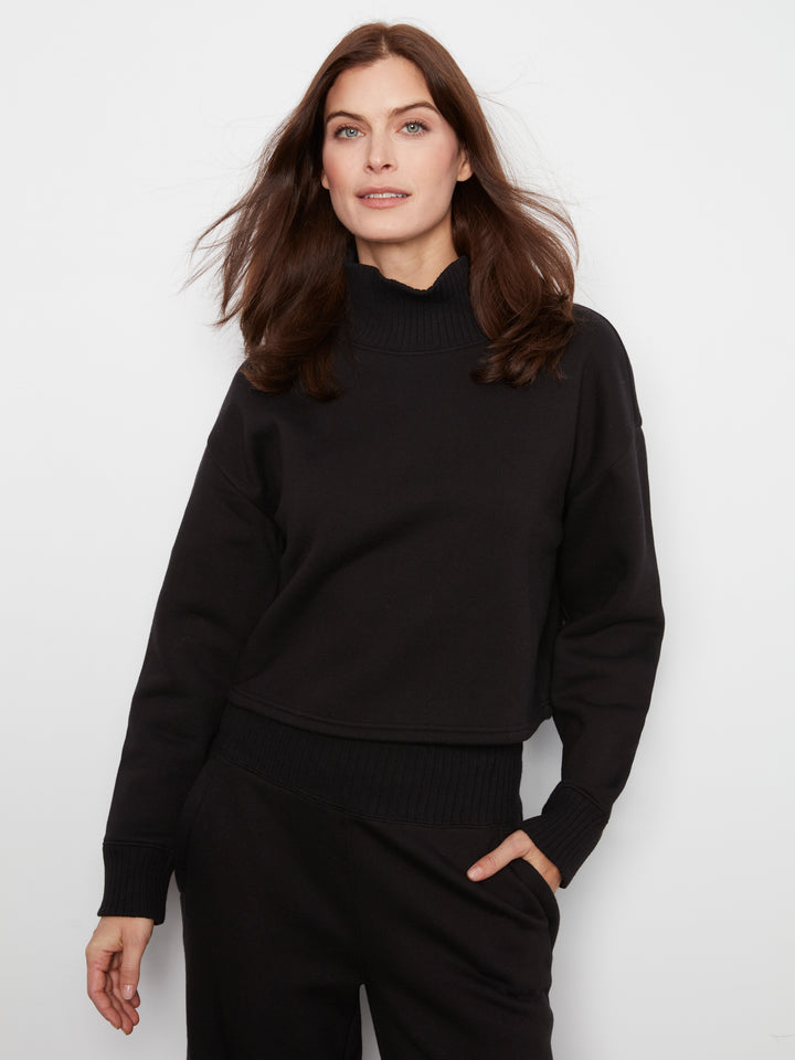 Long Sleeve Drop Shoulder Mock Neck Top With Rib Detail