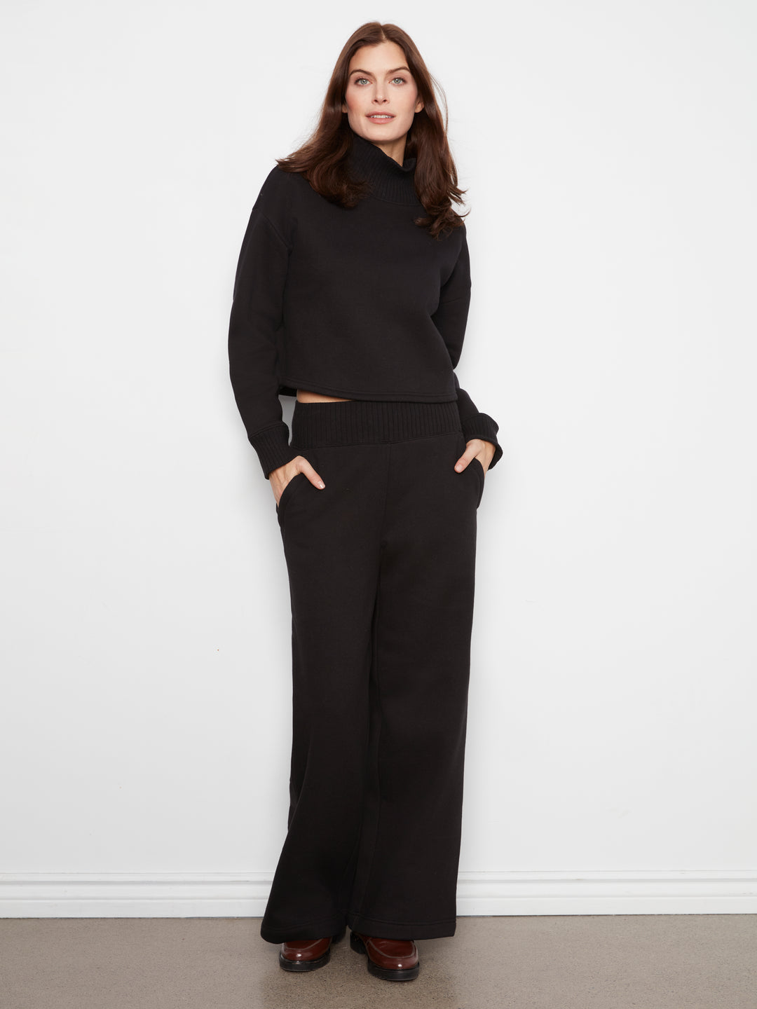 Long Sleeve Drop Shoulder Mock Neck Top With Rib Detail