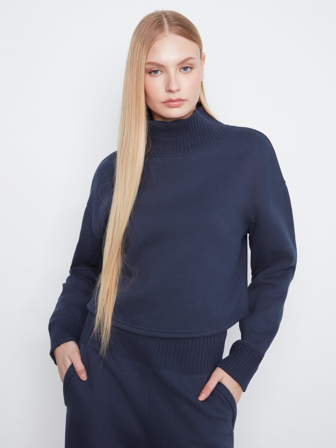 Long Sleeve Drop Shoulder Mock Neck Top With Rib Detail
