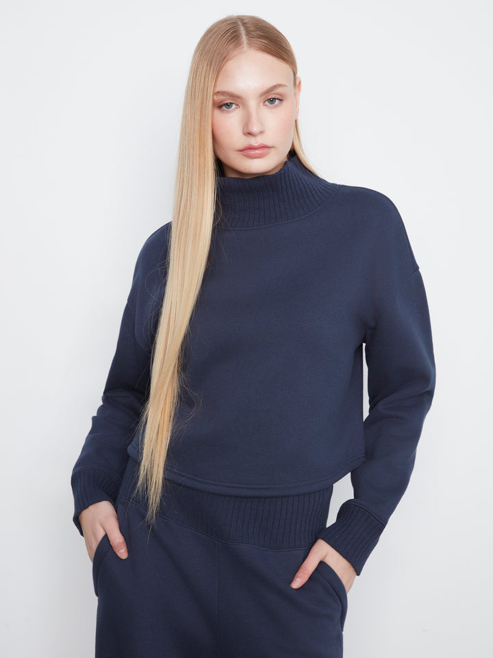 Long Sleeve Drop Shoulder Mock Neck Top With Rib Detail