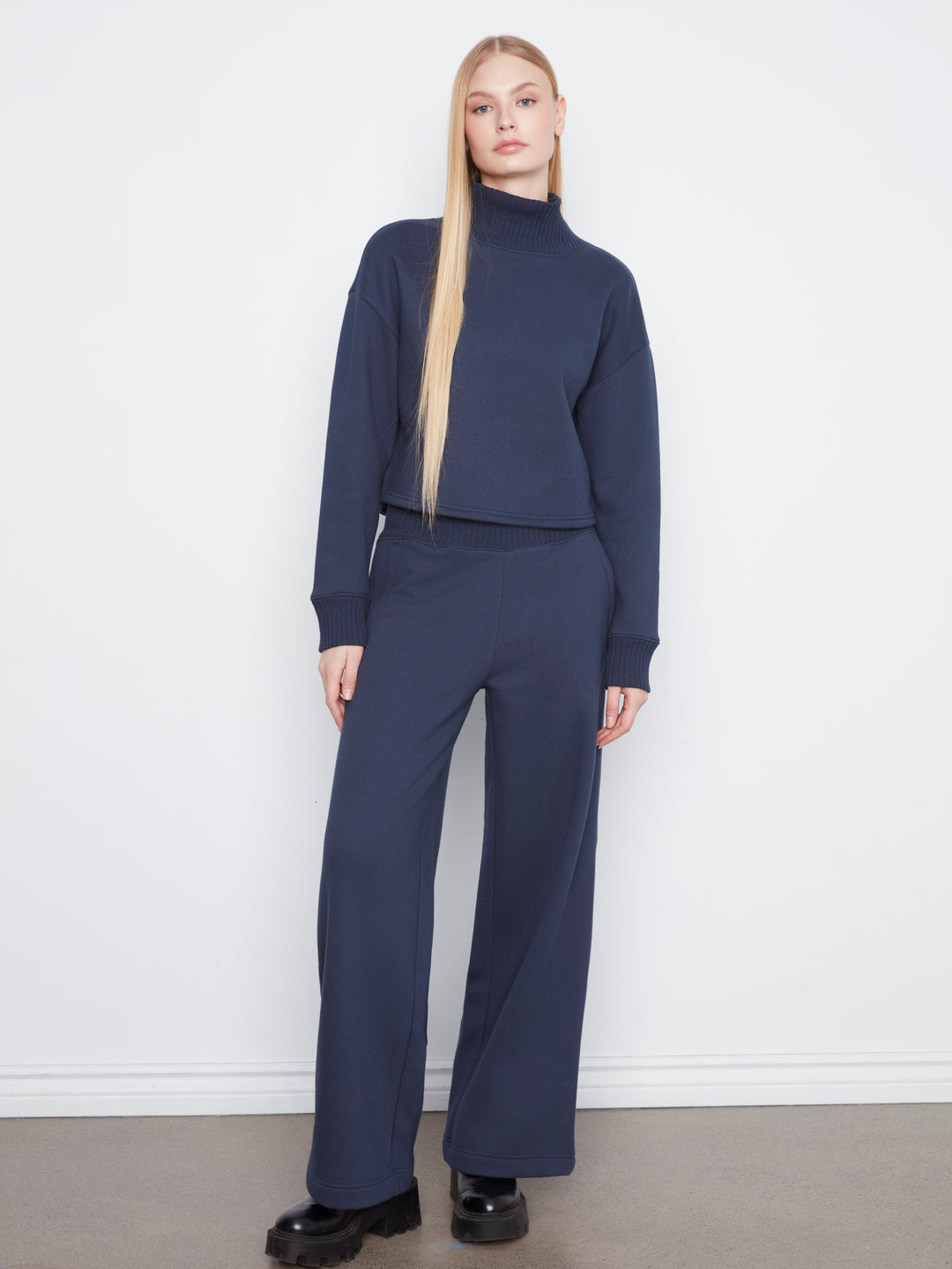 Long Sleeve Drop Shoulder Mock Neck Top With Rib Detail
