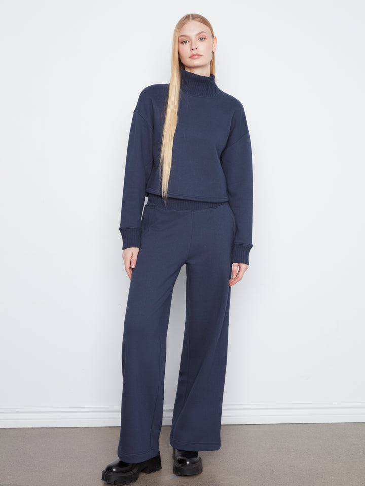 Long Sleeve Drop Shoulder Mock Neck Top With Rib Detail