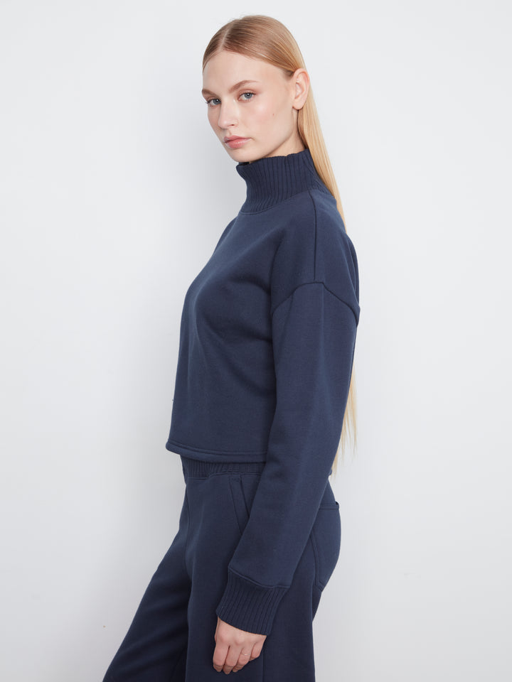 Long Sleeve Drop Shoulder Mock Neck Top With Rib Detail