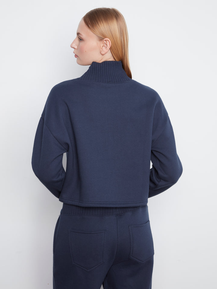 Long Sleeve Drop Shoulder Mock Neck Top With Rib Detail