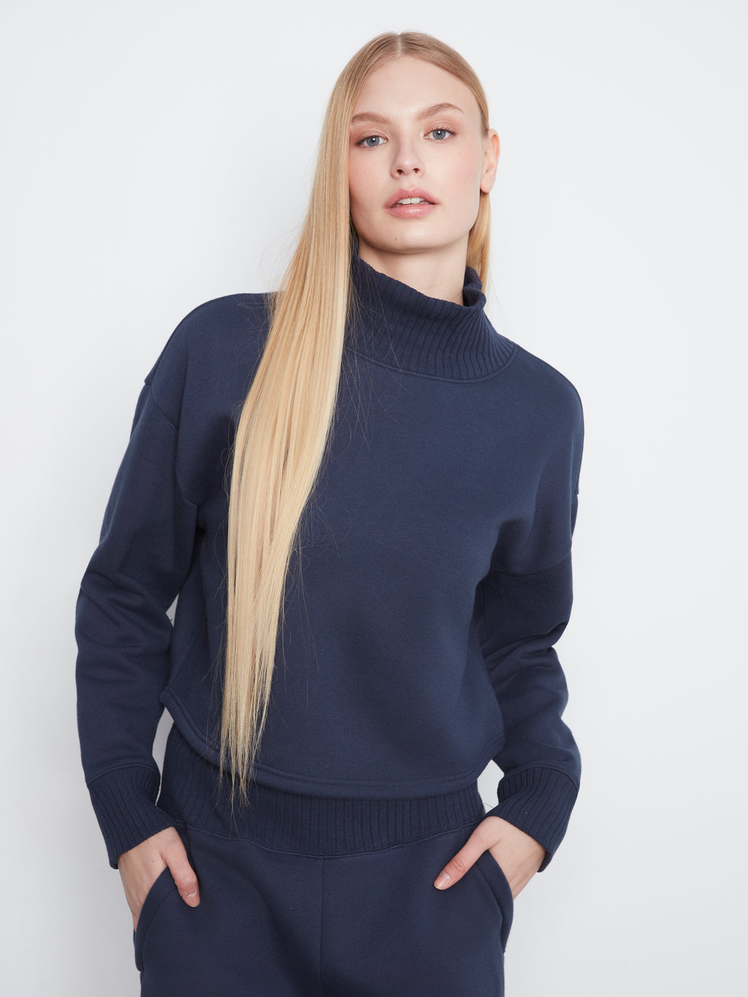 Long Sleeve Drop Shoulder Mock Neck Top With Rib Detail