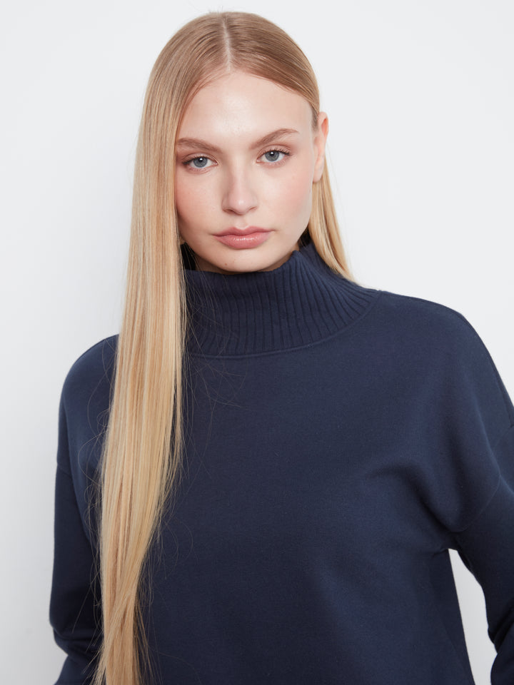 Long Sleeve Drop Shoulder Mock Neck Top With Rib Detail