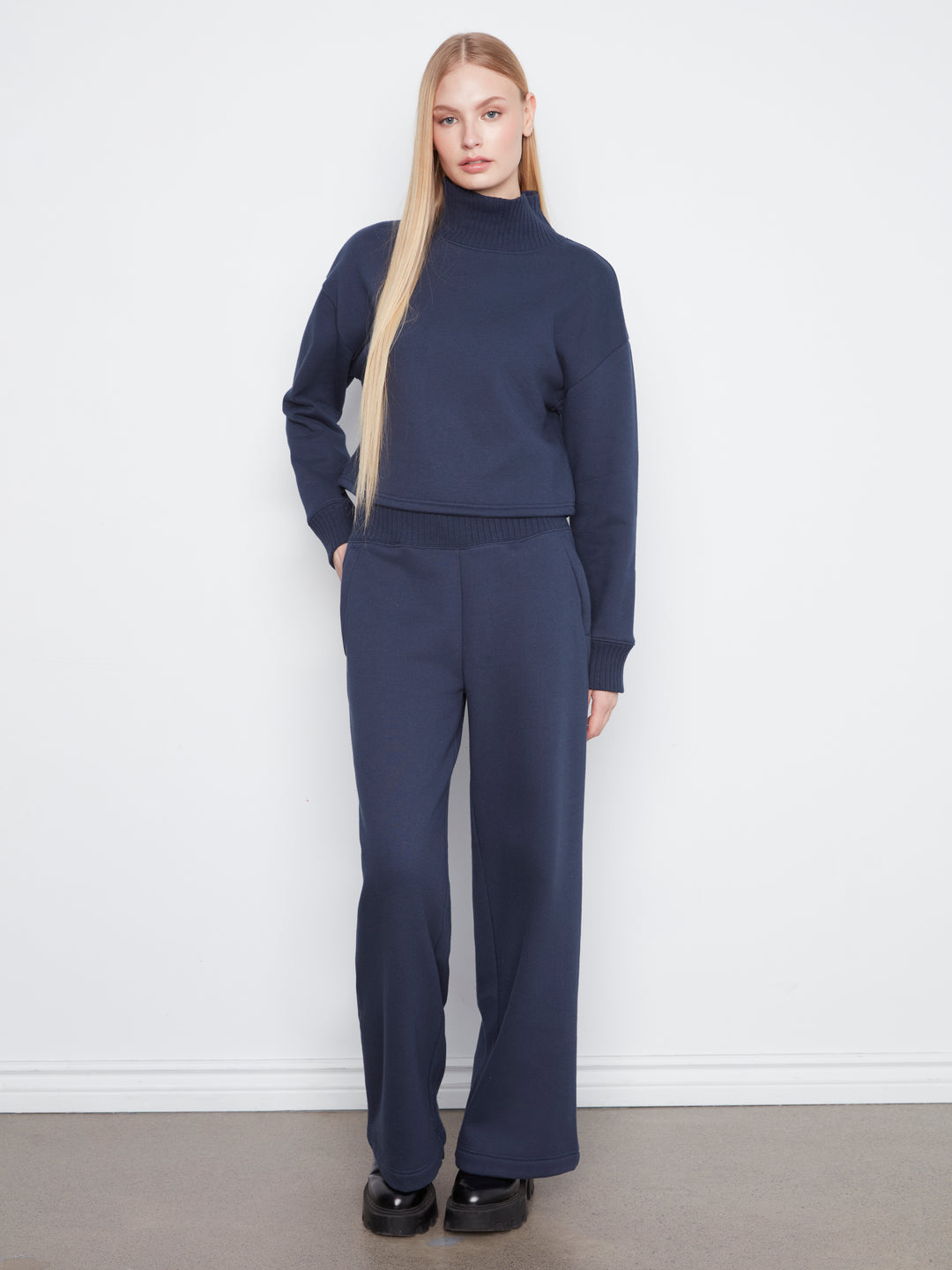 Long Sleeve Drop Shoulder Mock Neck Top With Rib Detail