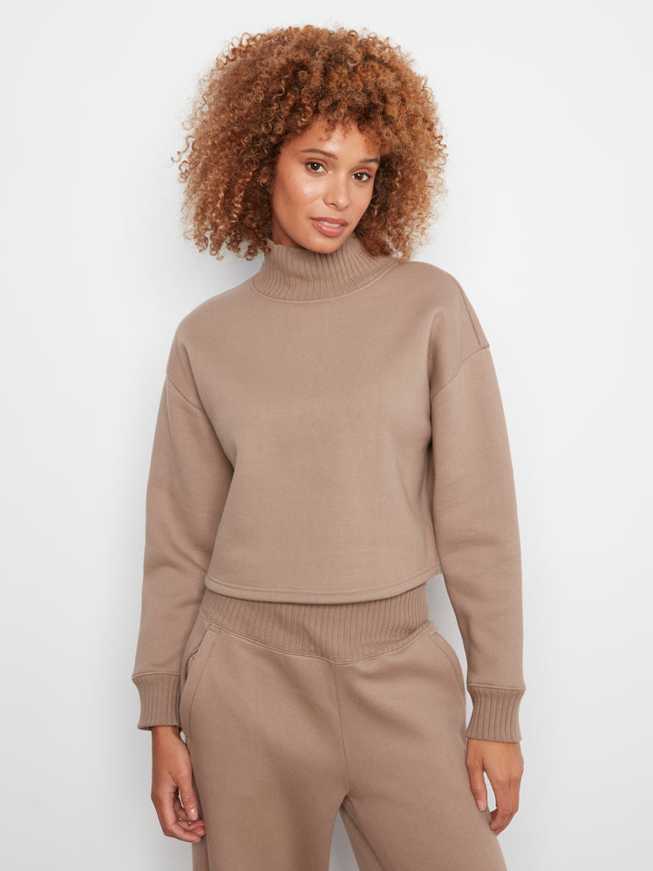 Long Sleeve Drop Shoulder Mock Neck Top With Rib Detail