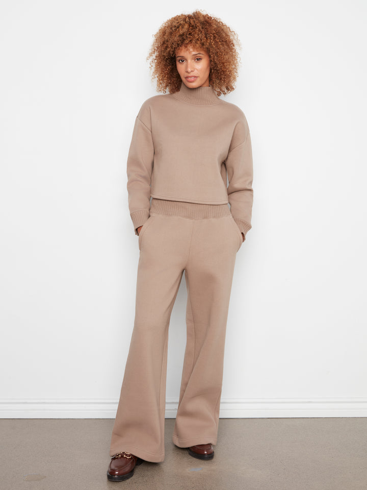 Long Sleeve Drop Shoulder Mock Neck Top With Rib Detail