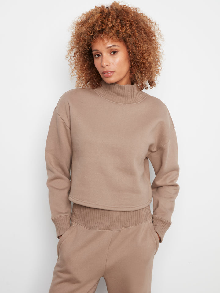 Long Sleeve Drop Shoulder Mock Neck Top With Rib Detail