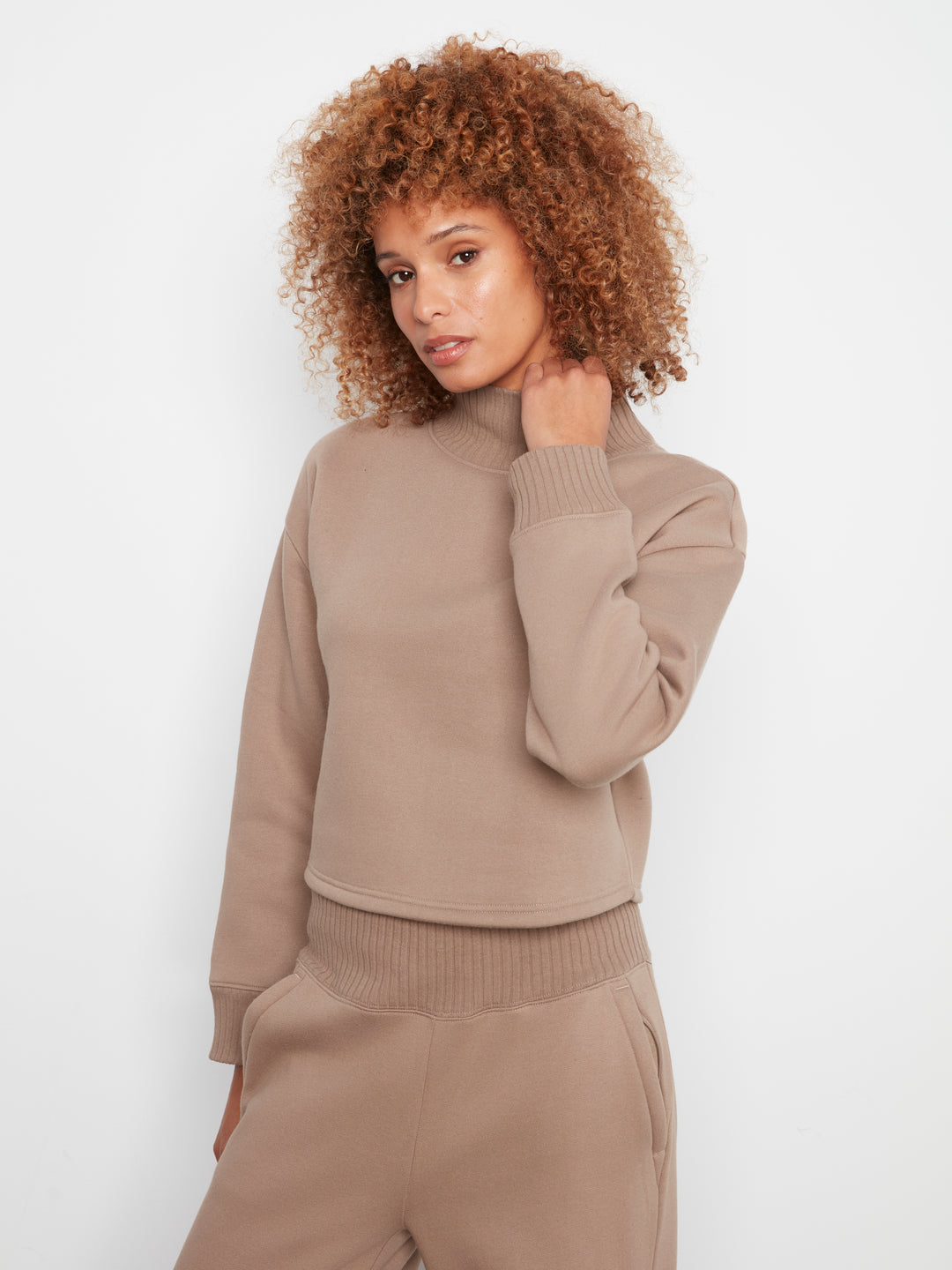 Long Sleeve Drop Shoulder Mock Neck Top With Rib Detail