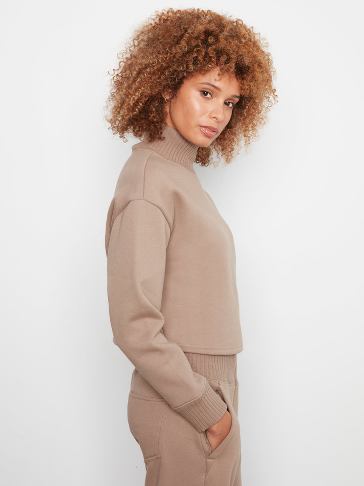 Long Sleeve Drop Shoulder Mock Neck Top With Rib Detail