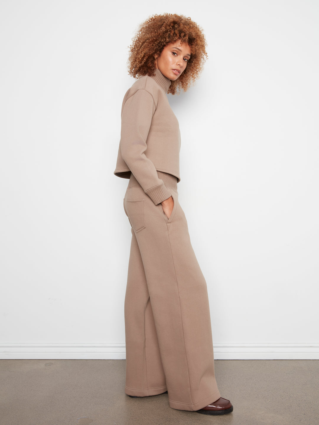 Long Sleeve Drop Shoulder Mock Neck Top With Rib Detail