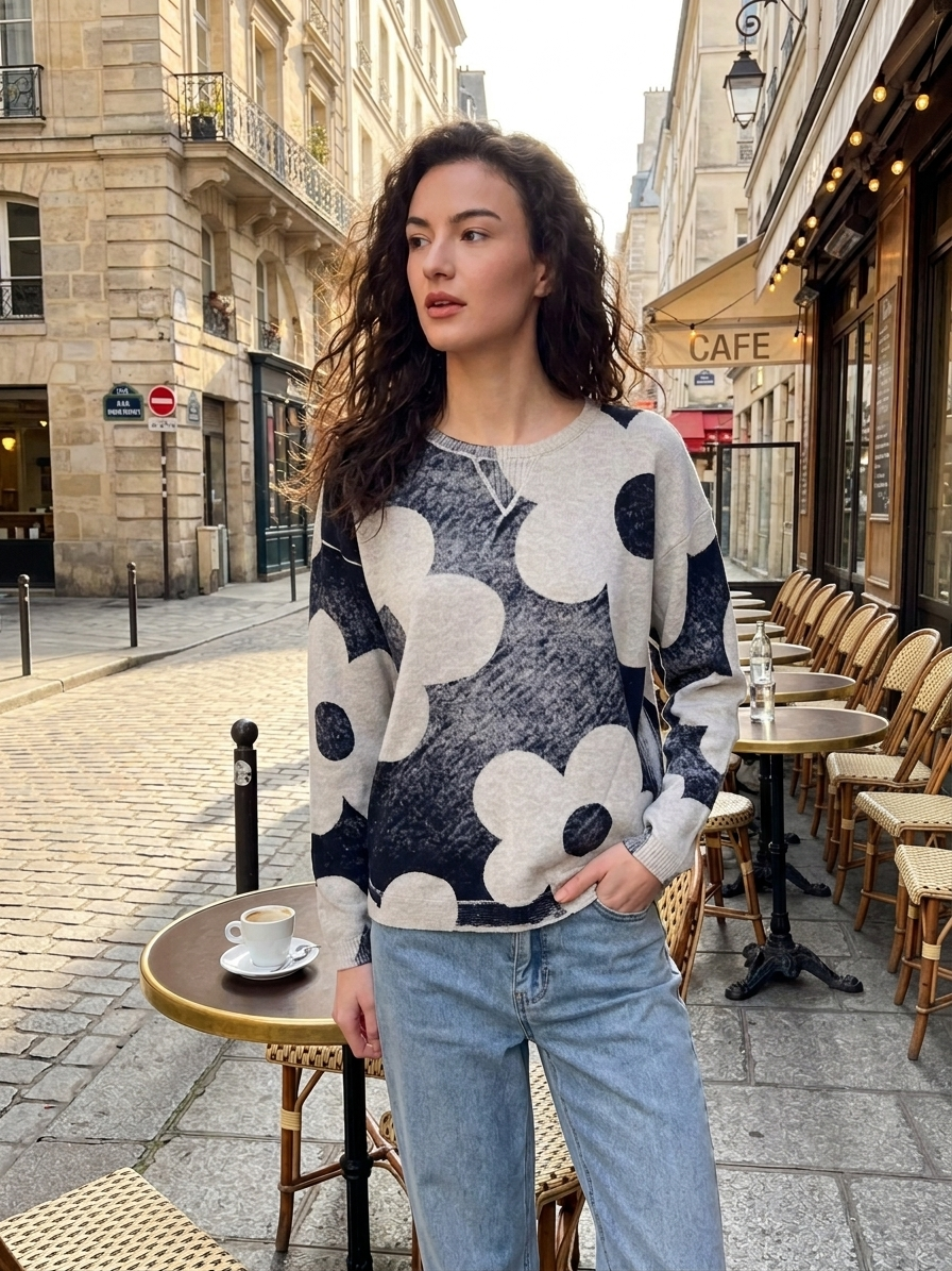 Long Sleeve Crew Neck Printed On Reverse Sweater