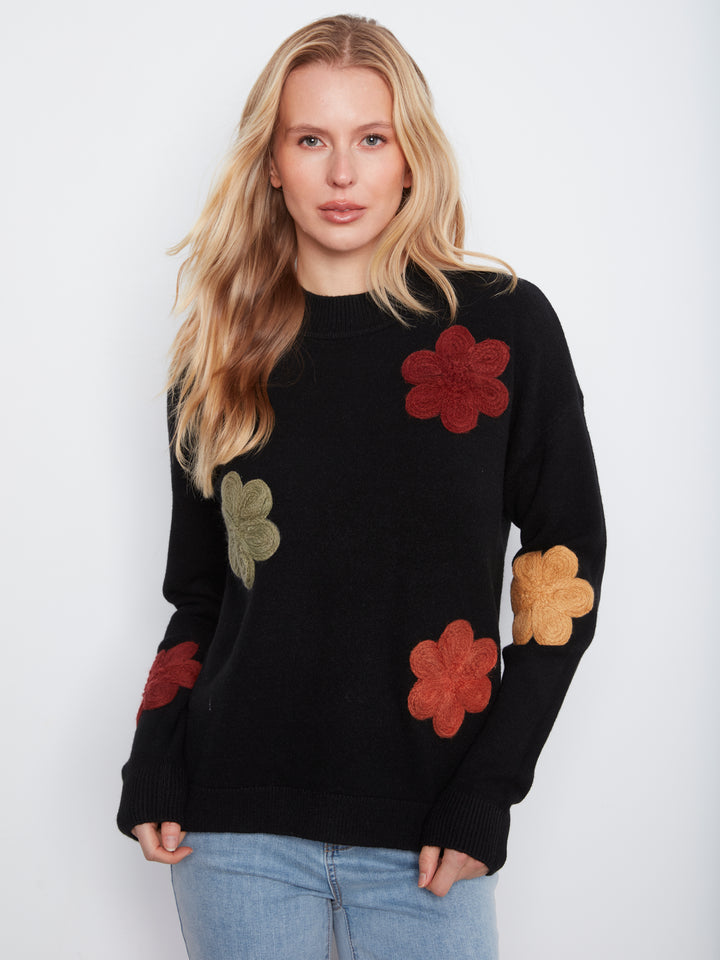 Long Sleeve Drop Shoulder Flower Applique Sweater