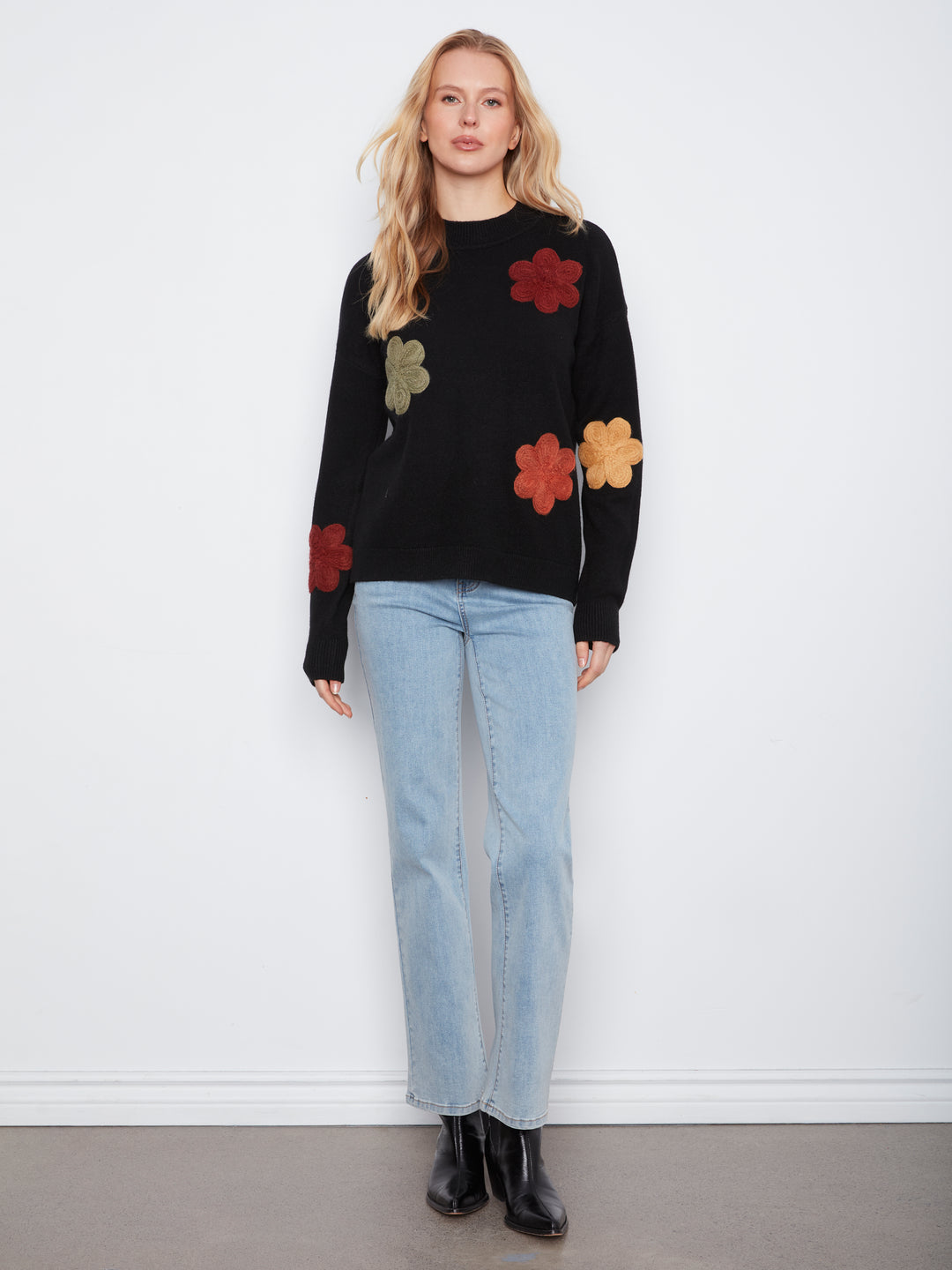 Long Sleeve Drop Shoulder Flower Applique Sweater