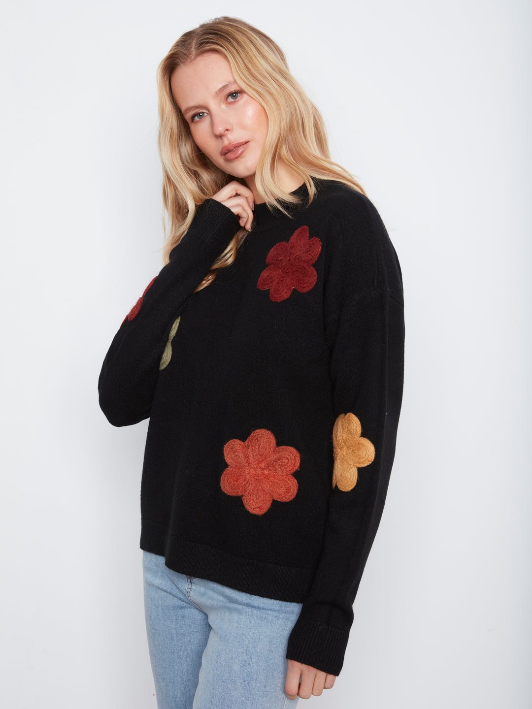 Long Sleeve Drop Shoulder Flower Applique Sweater