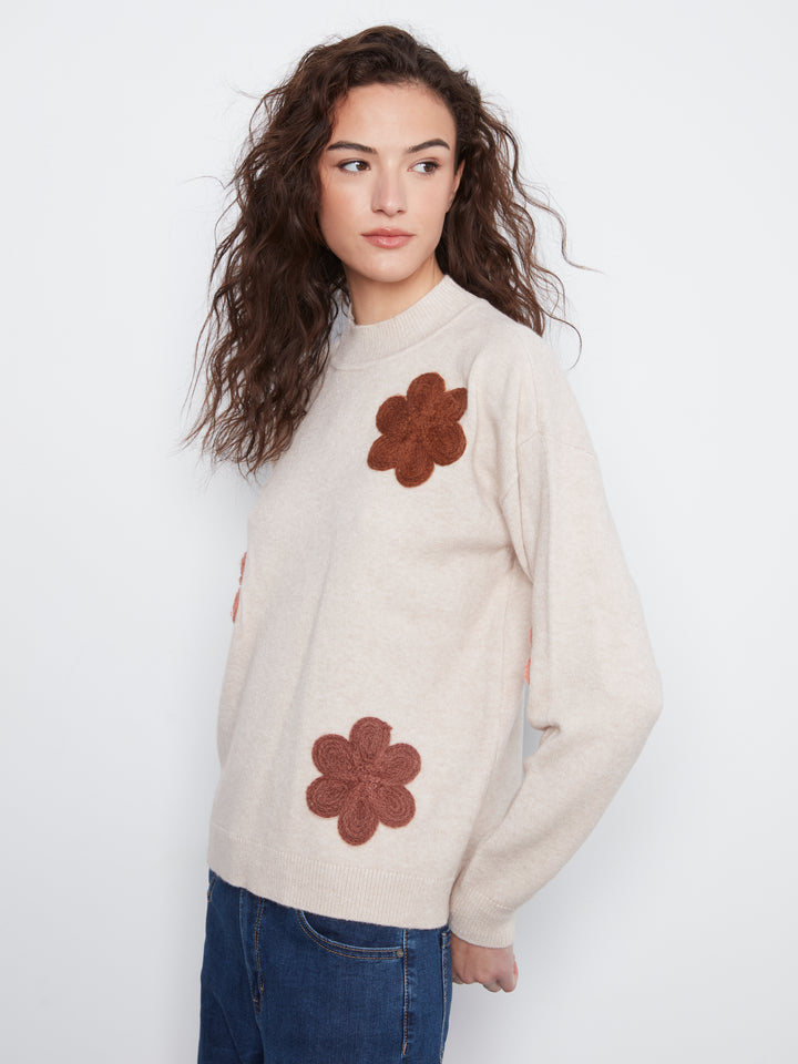 Long Sleeve Drop Shoulder Flower Applique Sweater
