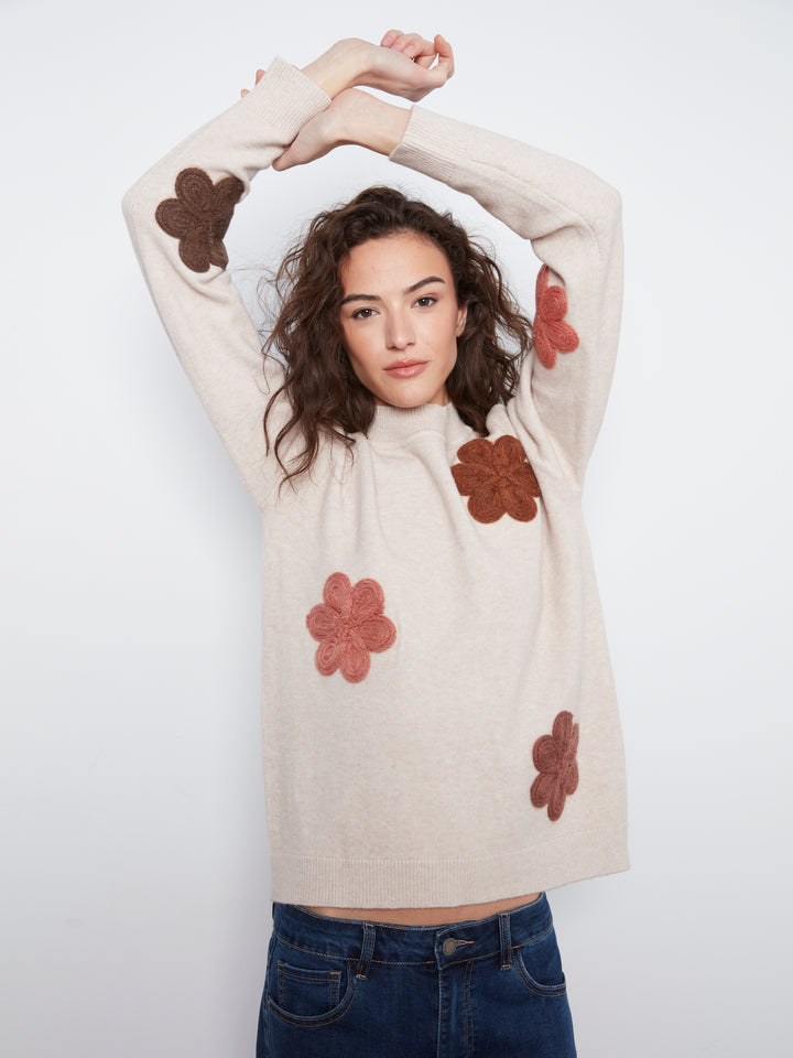 Long Sleeve Drop Shoulder Flower Applique Sweater