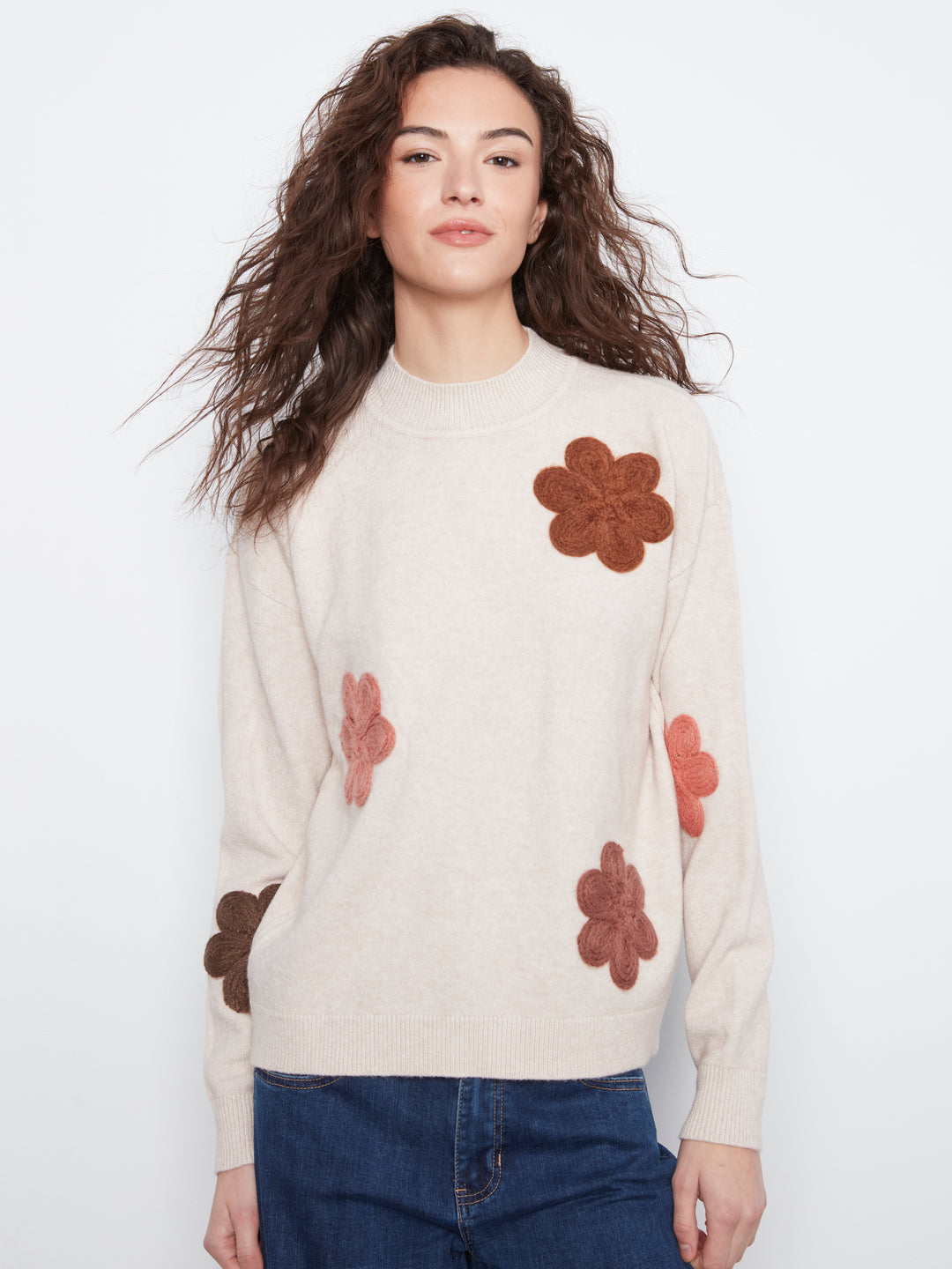 Long Sleeve Drop Shoulder Flower Applique Sweater