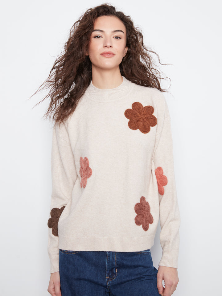 Long Sleeve Drop Shoulder Flower Applique Sweater