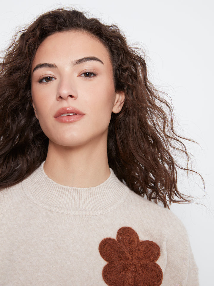Long Sleeve Drop Shoulder Flower Applique Sweater