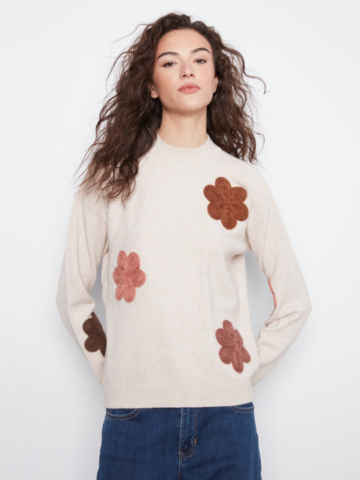 Long Sleeve Drop Shoulder Flower Applique Sweater