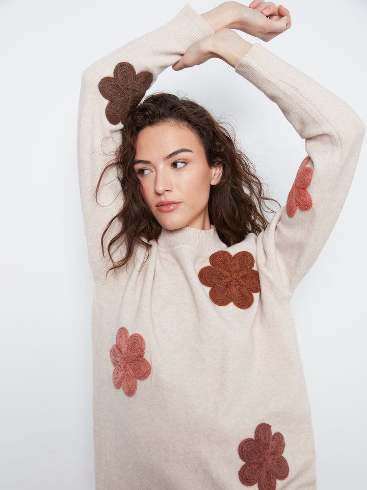 Long Sleeve Drop Shoulder Flower Applique Sweater