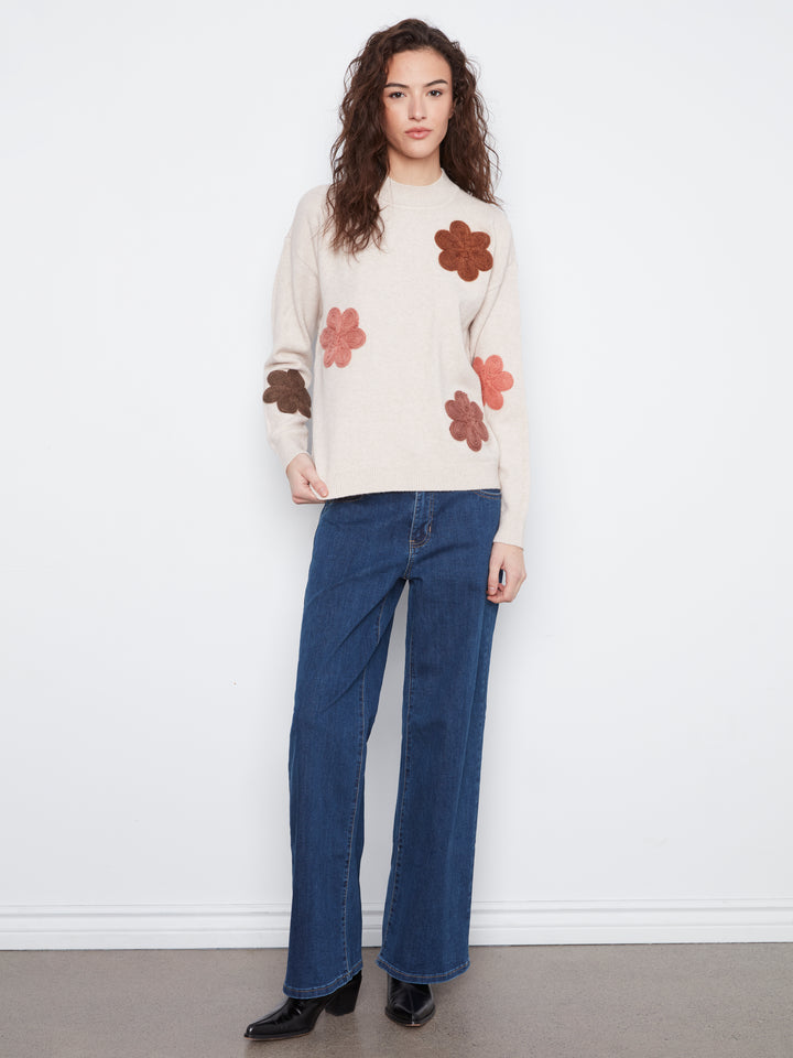 Long Sleeve Drop Shoulder Flower Applique Sweater