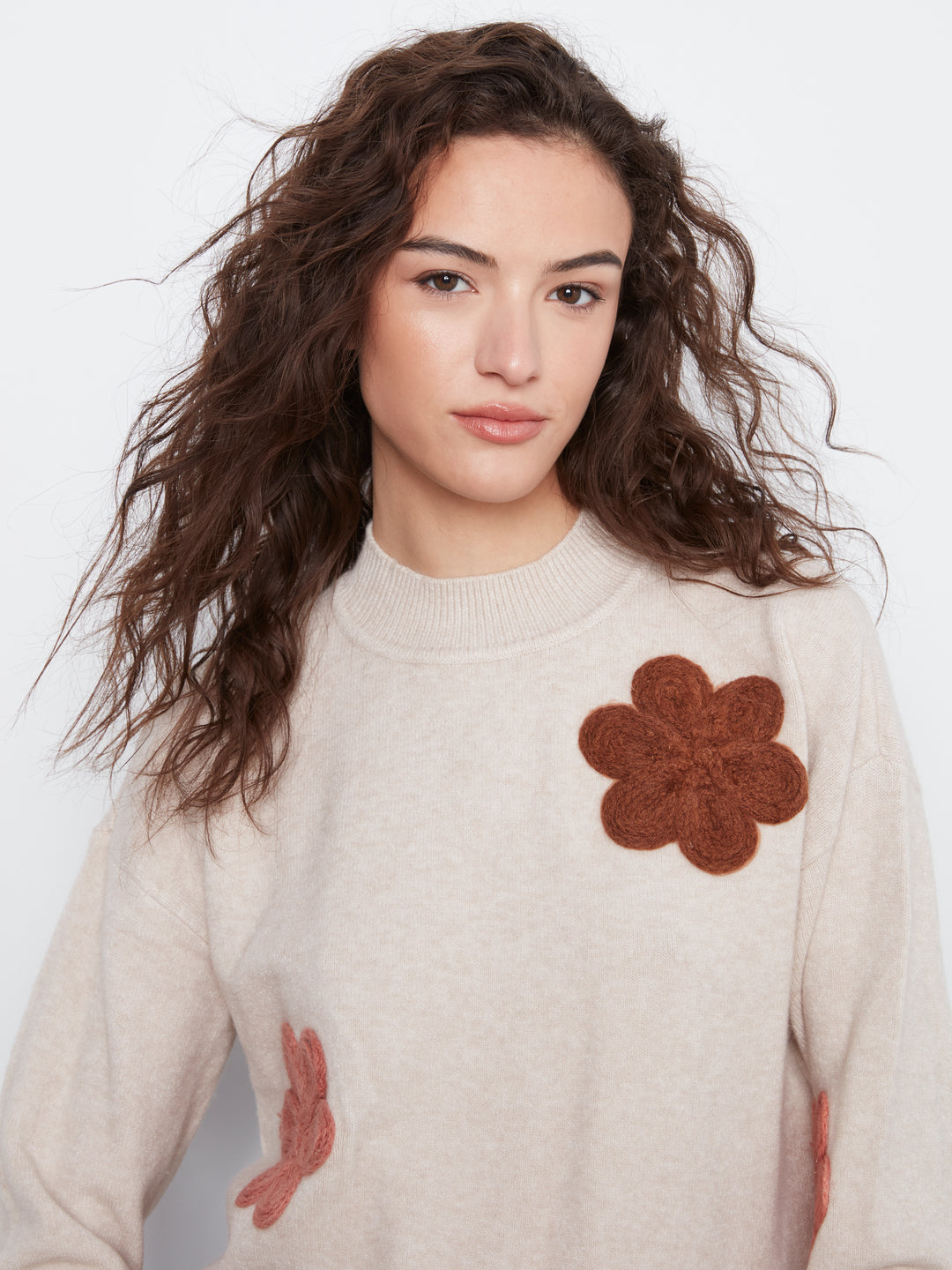 Long Sleeve Drop Shoulder Flower Applique Sweater