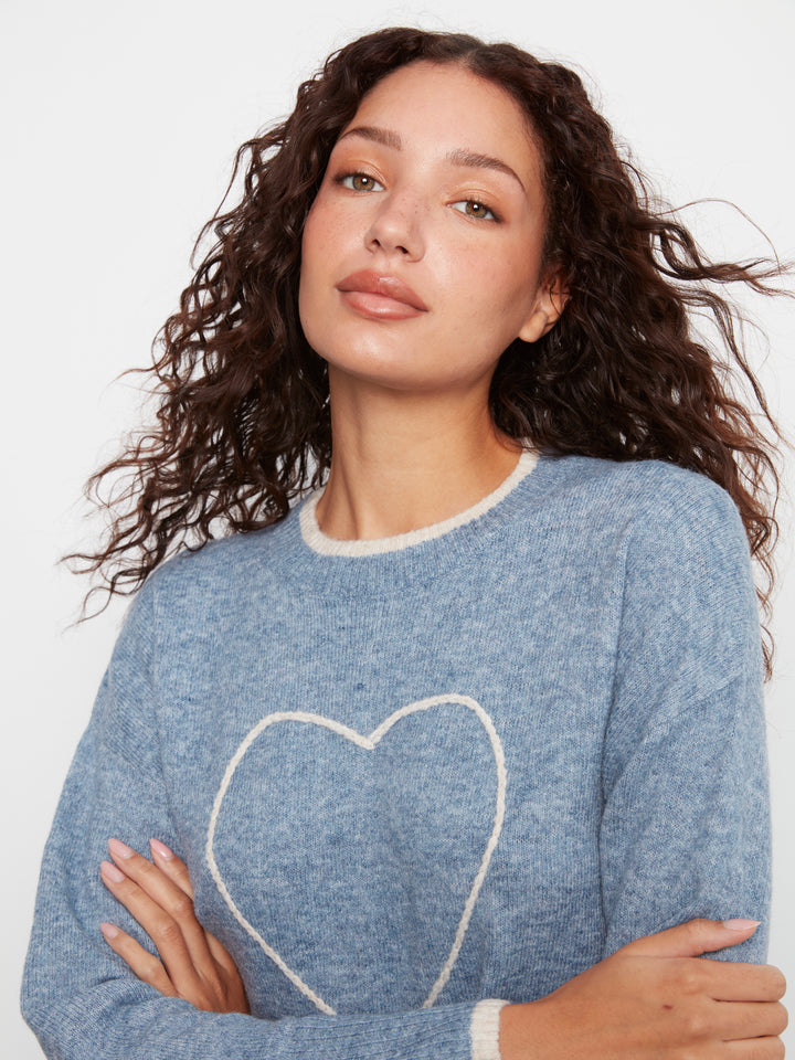 Long Sleeve Drop Shoulder Mock Neck Sweater With Embroidery Detail
