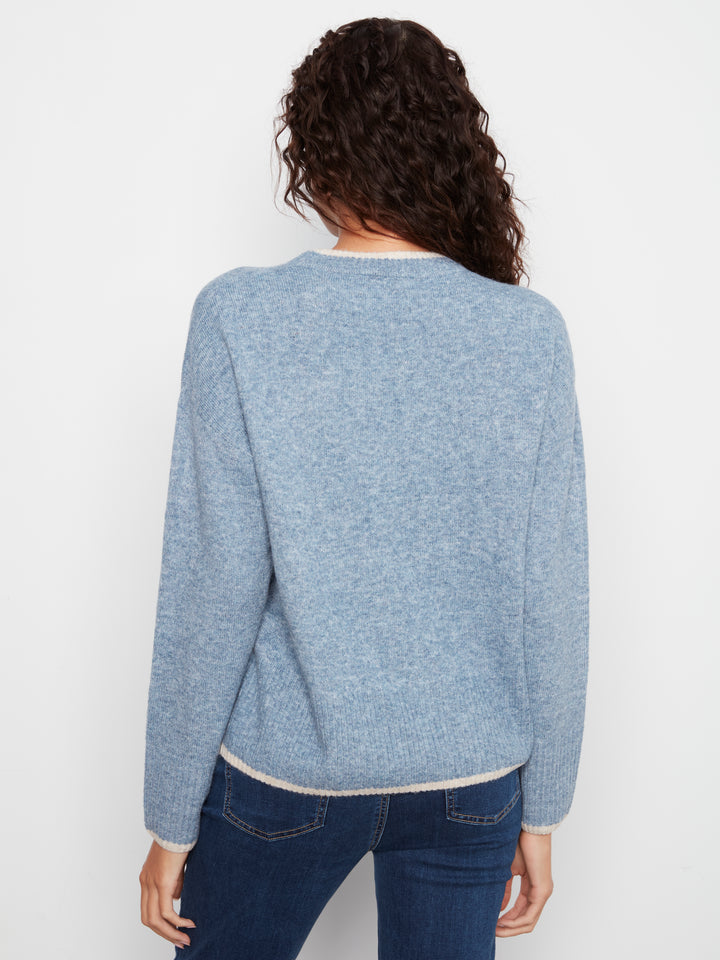 Long Sleeve Drop Shoulder Mock Neck Sweater With Embroidery Detail